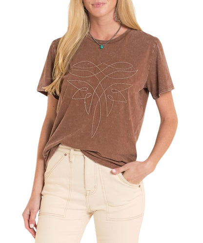 Rock & Roll Cowgirl women's graphic tee featuring an embroidered boot stitch design on the front.