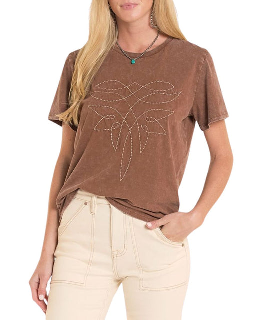 Rock & Roll Cowgirl women's graphic tee featuring an embroidered boot stitch design on the front.