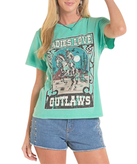 Women's Distressed Turquoise Graphic Tee Featuring A Front Screen Print That Reads: "Ladies Love Outlaws" With A Desert Outlaw Graphic