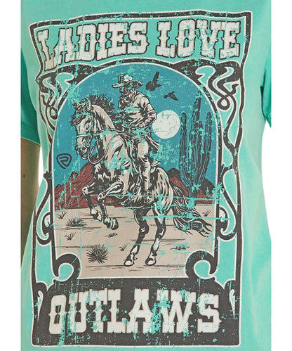 Close-Up View Of The Distressed Outlaw Graphic On A Women's Turquoise Tee