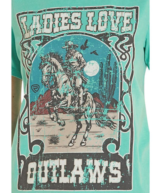 Close-Up View Of The Distressed Outlaw Graphic On A Women's Turquoise Tee