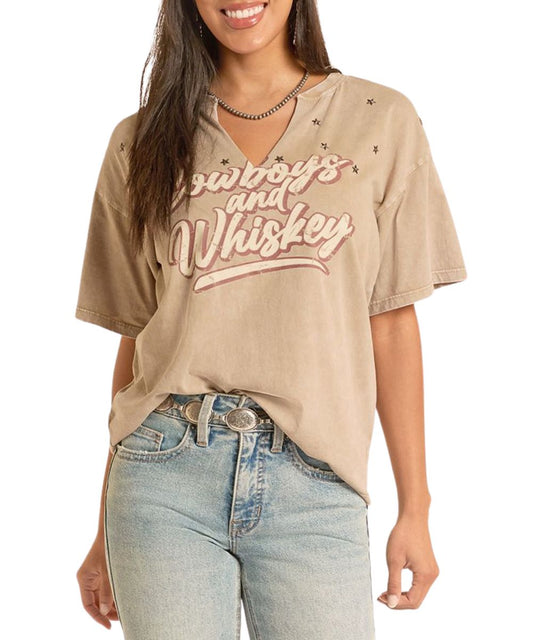 Rock & Roll Cowgirl Women's graphic tee featuring a v-neckline with cut-out detail and dropped shoulders in an olive/beige color.
