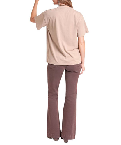 Back view of the women's taupe graphic tee featuring the oversized fit