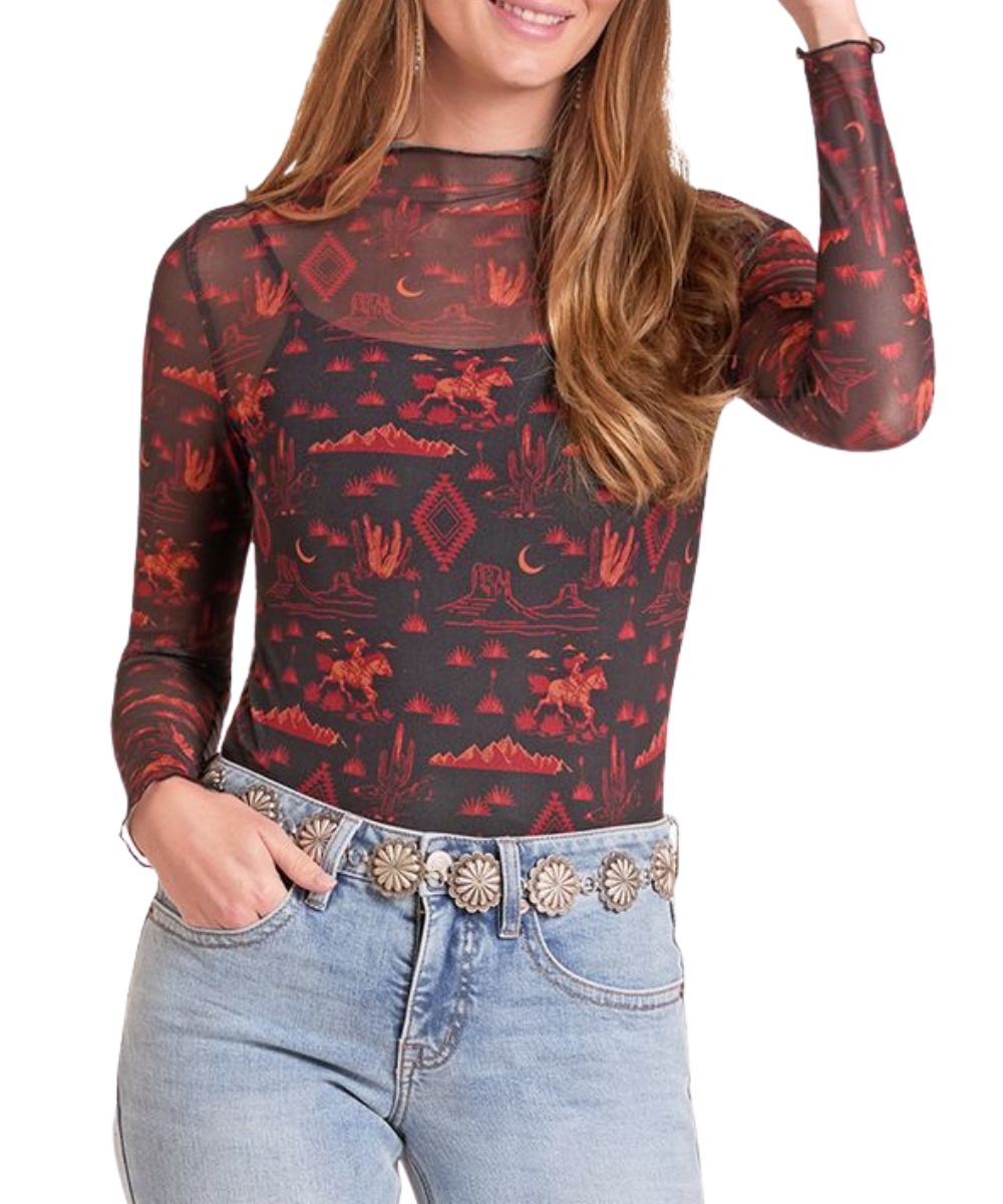 Front view of the women's Rock & Roll Cowgirl Western Desert Print Mesh Top 