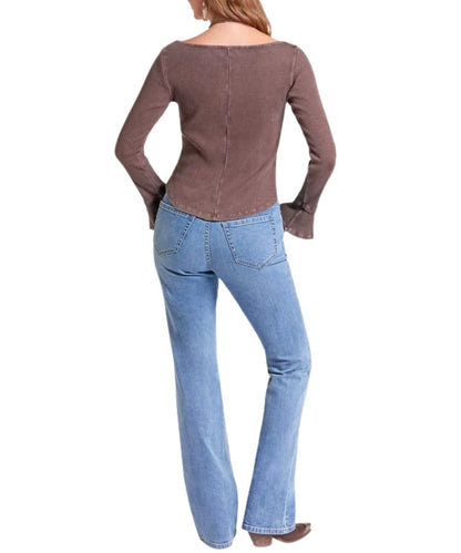 Back view of the women's long sleeve brown top featuring the round neckline and seam detailing