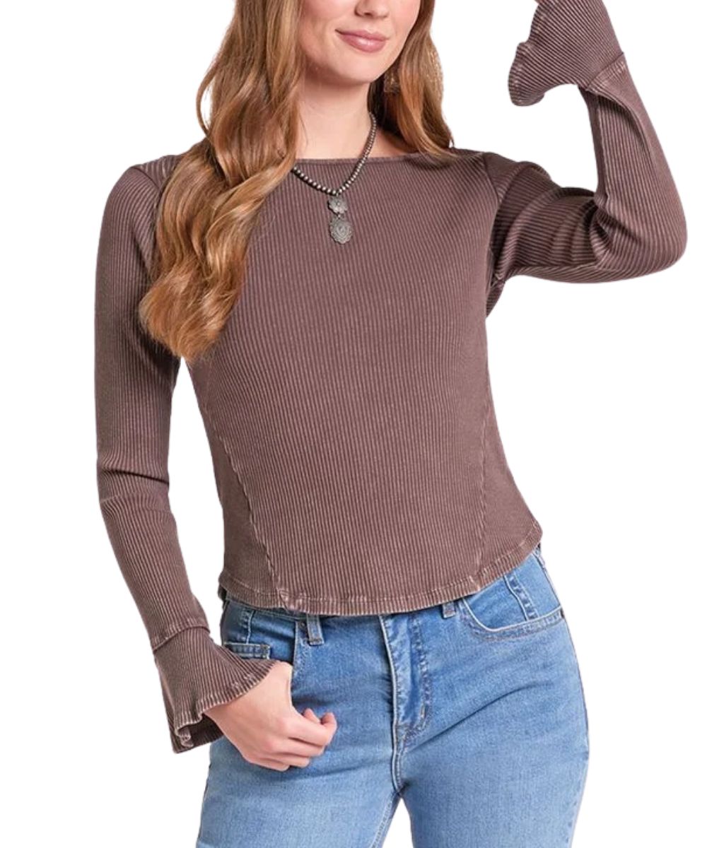 Front view of the women's Rock & Roll Cowgirl long sleeve rib knit top in brown featuring the flared cuffs 