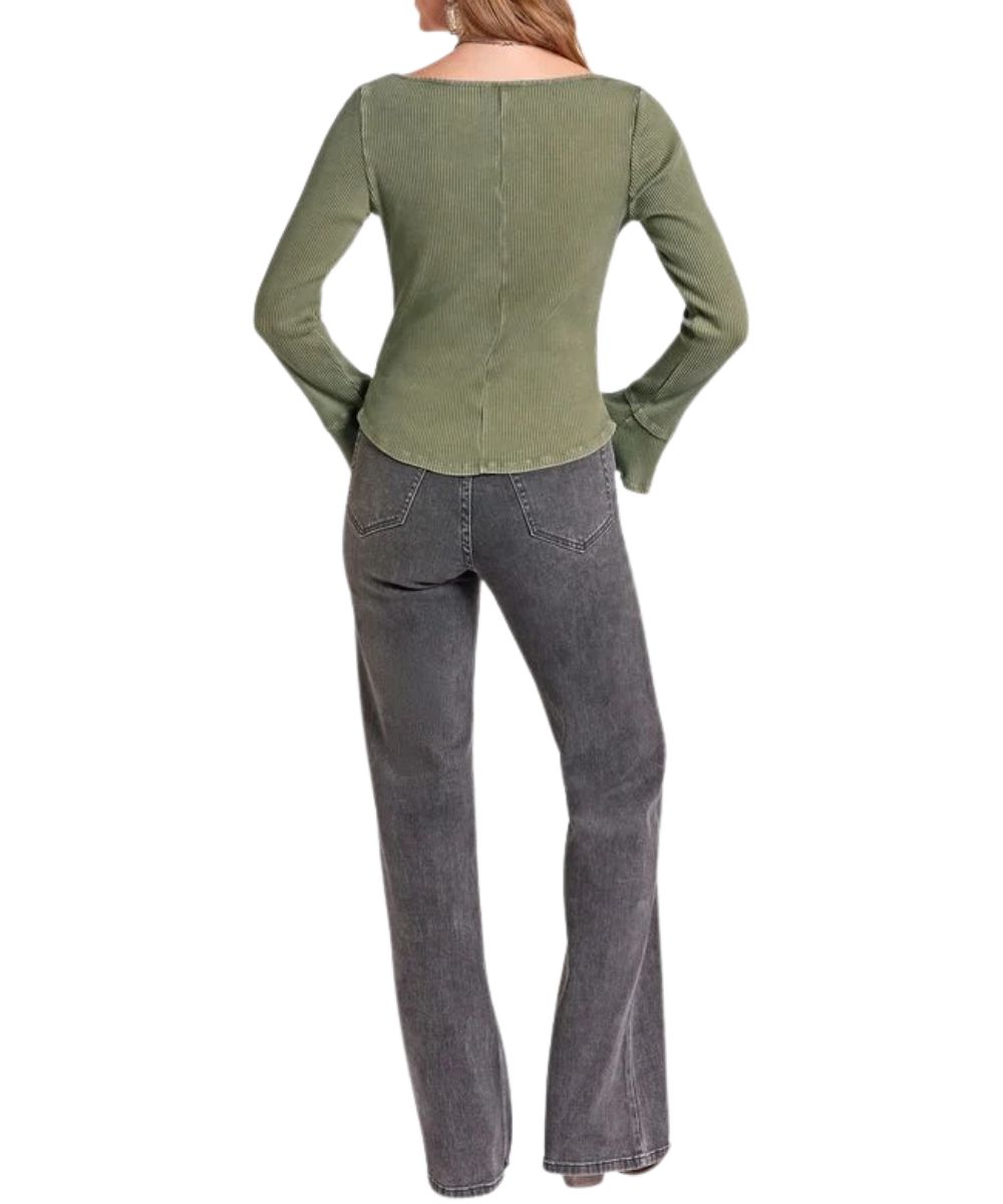 Back view of the women's long sleeve moss green top featuring the round neckline and seam detailing