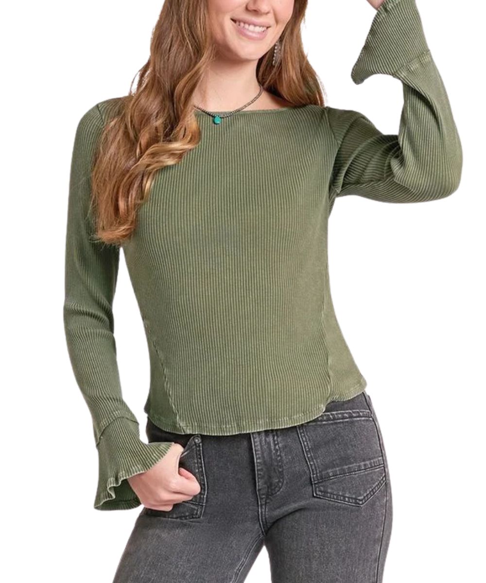 Front view of the women's Rock & Roll Cowgirl long sleeve rib knit top in moss green featuring the flared cuffs 
