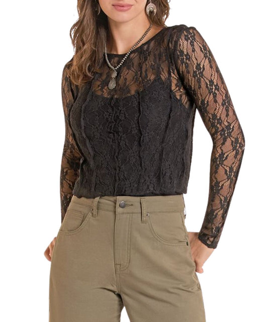Front view of the women's black Rock & Roll Cowgirl Lace Mesh Top featuring the sheer lace with seam detailing and cropped lace