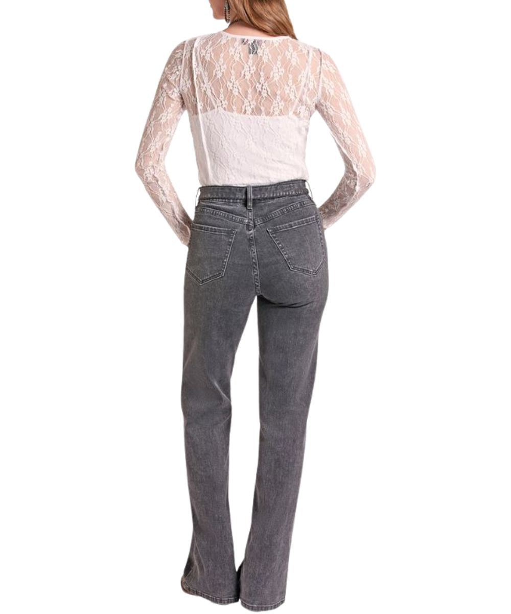 Back view of the women's natural Rock & Roll Cowgirl Lace Mesh Top featuring the sheer lace with seam detailing and cropped lace