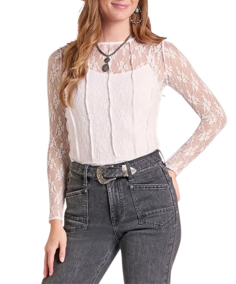 Front view of the women's natural Rock & Roll Cowgirl Lace Mesh Top featuring the sheer lace with seam detailing and cropped lace