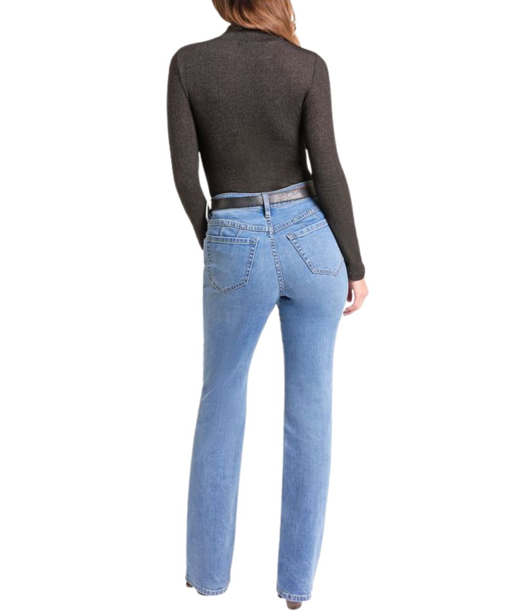 Back view of the women's long sleeve solid black turtleneck top