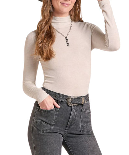 Front view of the women's Rock & Roll Cowgirl natural turtleneck top featuring the metallic accents