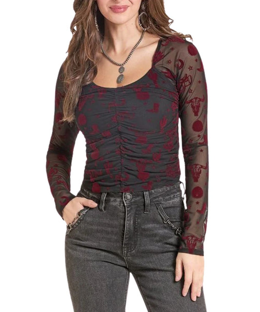 Front view of the women's black Rock & Roll Cowgirl top featuring the long sheer sleeves, round neckline, ruched front, and a contrast velvet flocked print