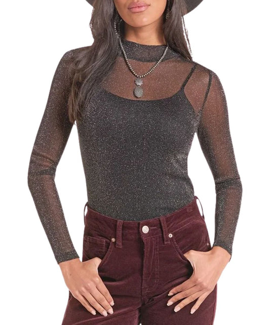 Front view of the women's black Rock & Roll Cowgirl sheer long sleeve top featuring the metallic accents and mock neck