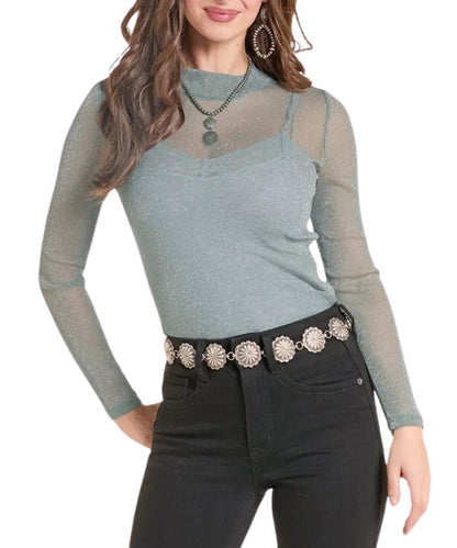 Front view of the women's jade Rock & Roll Cowgirl sheer long sleeve top featuring the metallic accents and mock neck