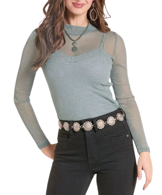 Front view of the women's jade Rock & Roll Cowgirl sheer long sleeve top featuring the metallic accents and mock neck