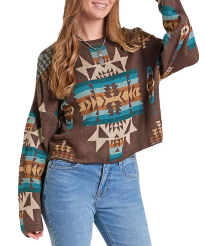 Front view of the women's java aztec print sweater featuring an relaxed fit, dropped shoulders, and a slightly cropped length