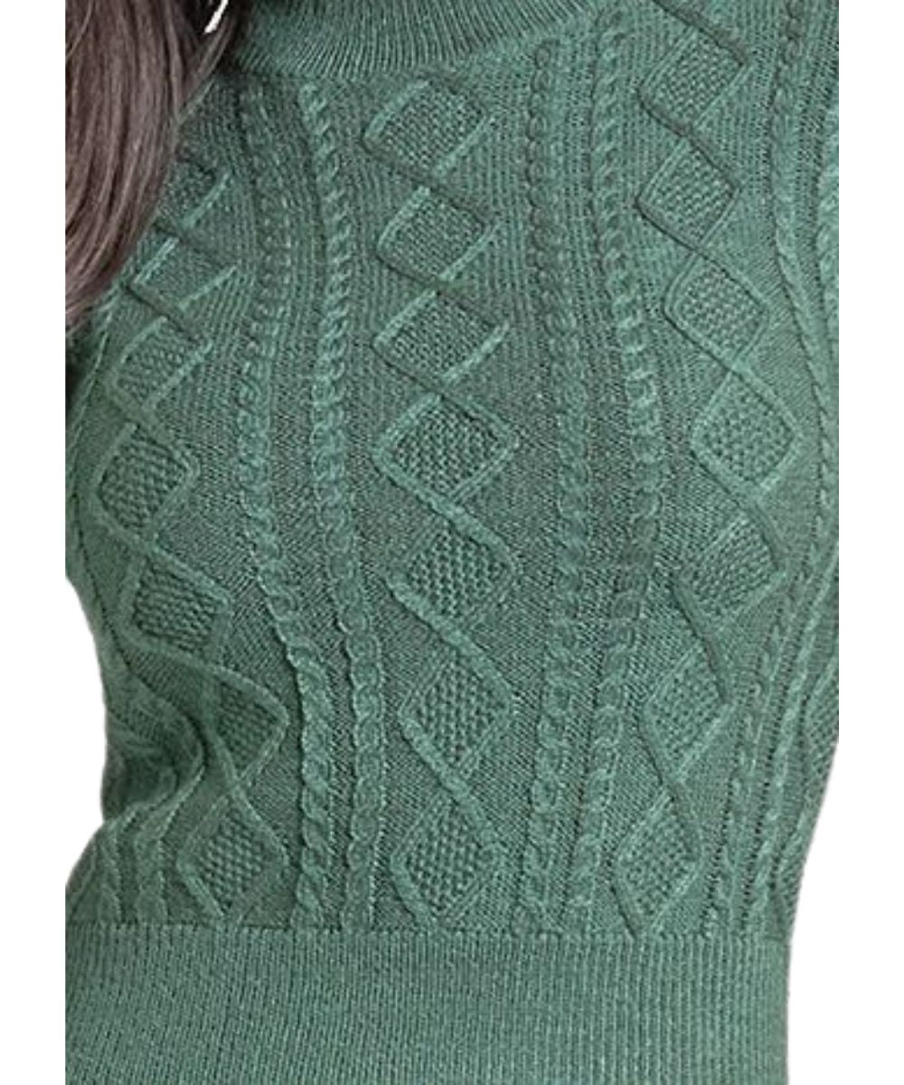 Close-up view of the acrylic fabric on the jade green women's long flare sleeve sweater featuring the cable knit accents
