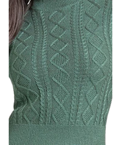Close-up view of the acrylic fabric on the jade green women's long flare sleeve sweater featuring the cable knit accents