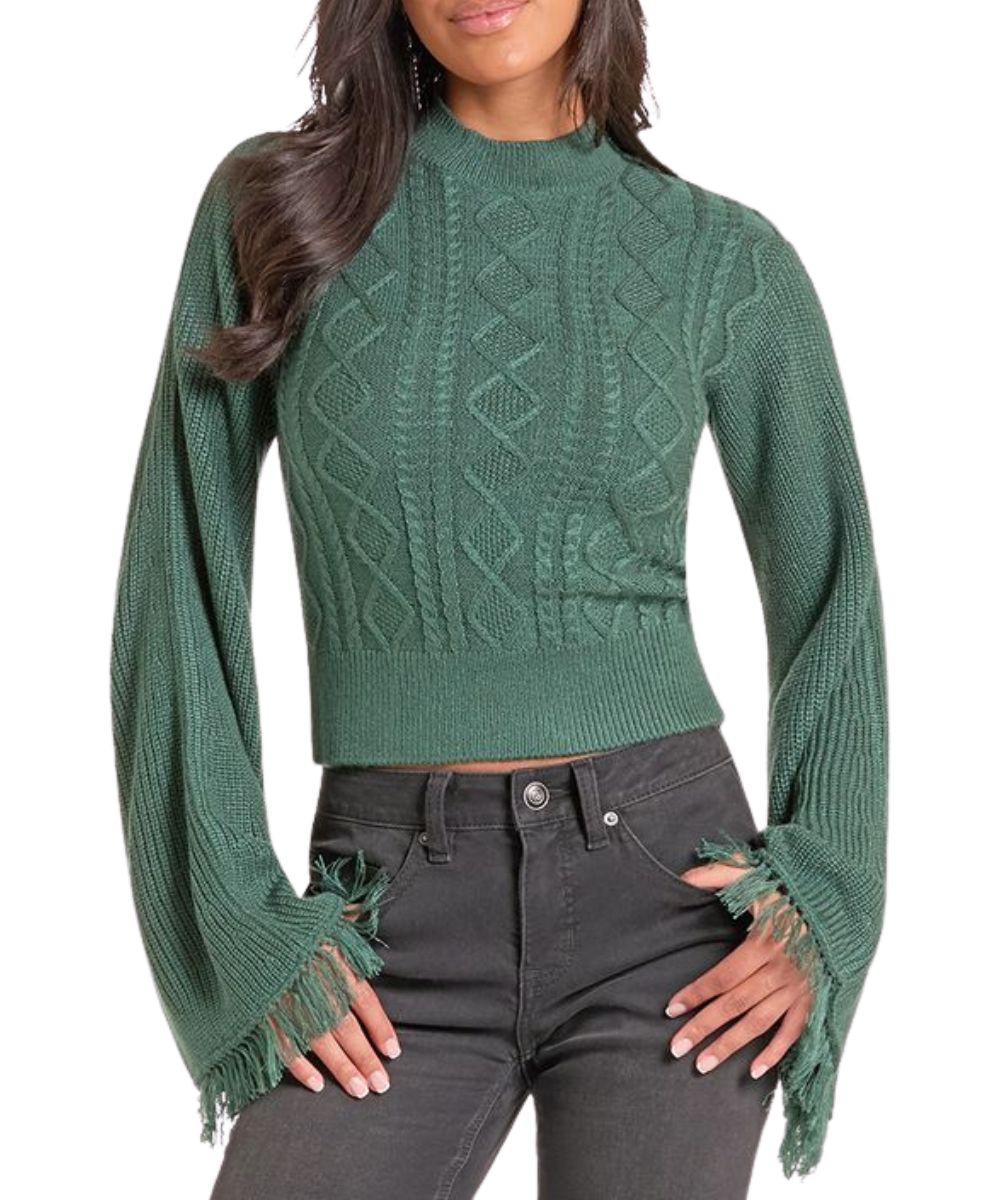 Front view of the women's Rock & Roll Cowgirl Flare Sleeve Sweater in jade