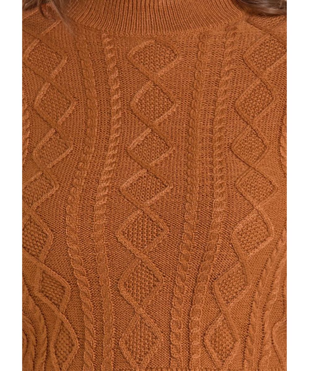 Close-up view of the acrylic fabric on the rust brown women's long flare sleeve sweater featuring the cable knit accents