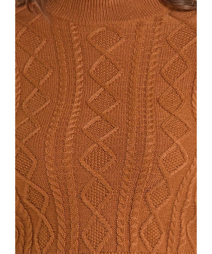Close-up view of the acrylic fabric on the rust brown women's long flare sleeve sweater featuring the cable knit accents