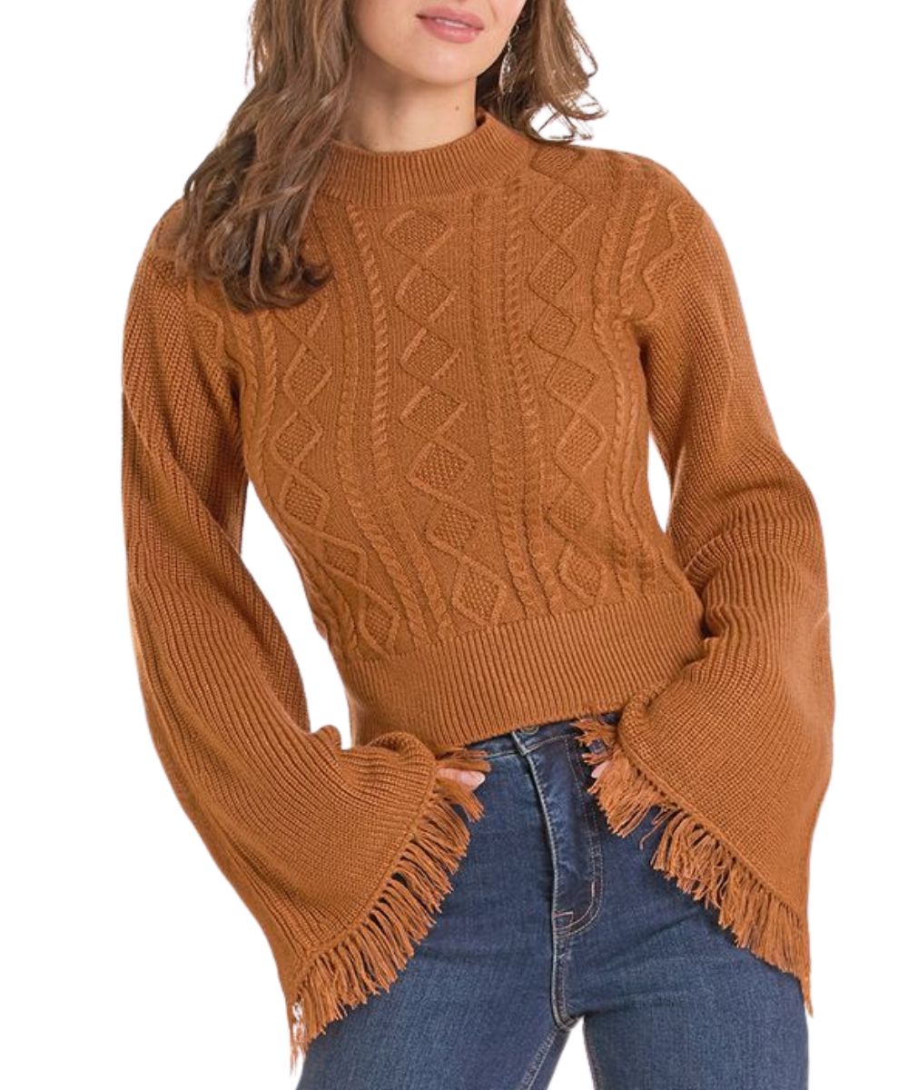 Front view of the women's Rock & Roll Cowgirl Flare Sleeve Sweater in rust