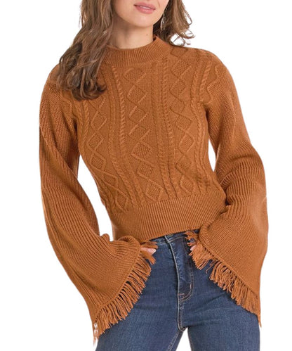 Front view of the women's Rock & Roll Cowgirl Flare Sleeve Sweater in rust