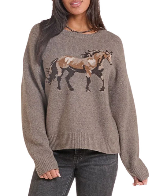 Front view of the women's taupe Rock & Roll Cowgirl long sleeve sweater featuring the round neckline, dropped shoulders, a heathered horse embroidered graphic on the chest, and the rib knit trim