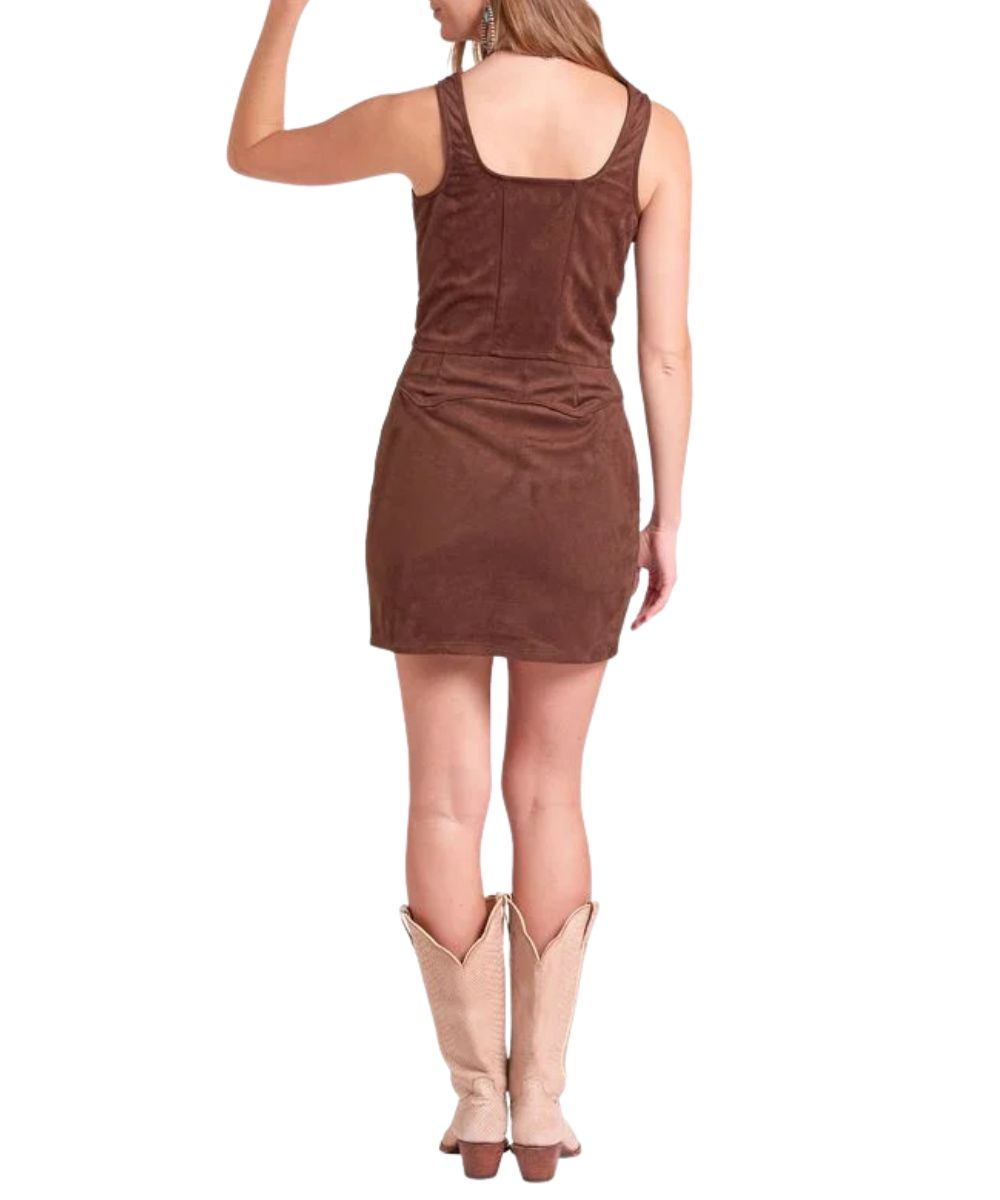 Back view of the women's brown suede tank top featuring the square neckline