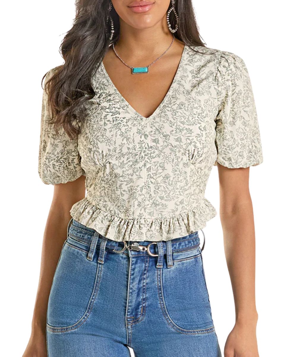 Women's Jade Floral Print Peplum Top Featuring Short Puff Sleeves, Ruffle Cropped Hem, And A V-Neckline
