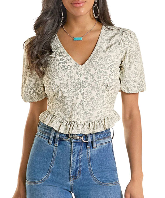 Women's Jade Floral Print Peplum Top Featuring Short Puff Sleeves, Ruffle Cropped Hem, And A V-Neckline