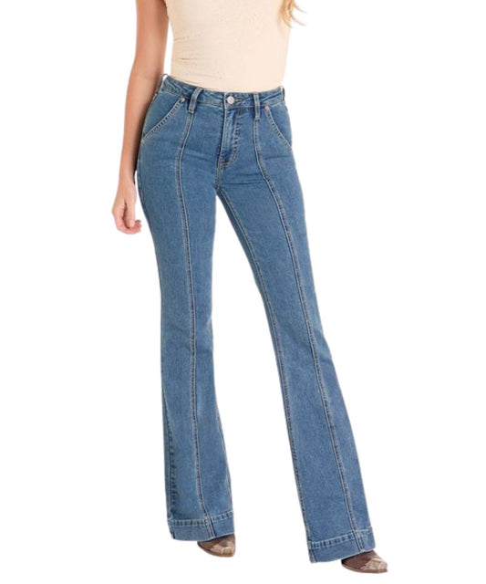 Women's High Rise Medium Wash Trouser Jean Featuring A Front Panel Seam Construction