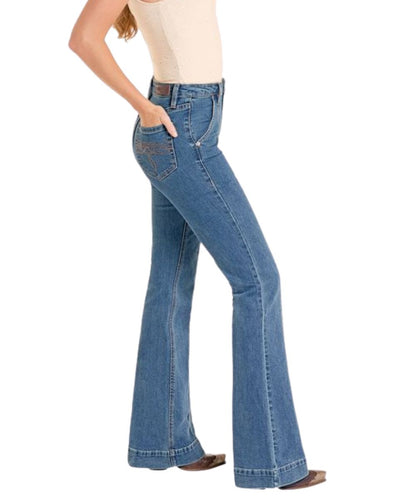 Side View Of The Women's Medium Wash Trouser Jean Featuring Four Pocket Styling