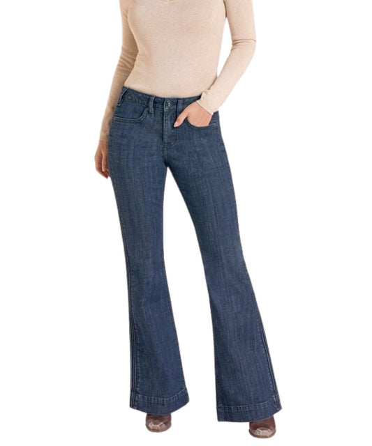 Front view of the women's dark wash trouser jean featuring a mid rise and four pocket styling