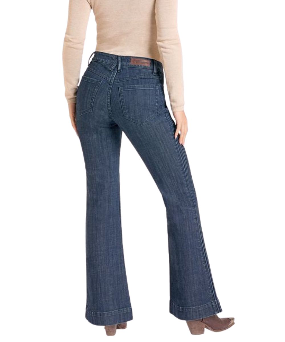 Back view of the women's dark wash trouser jean