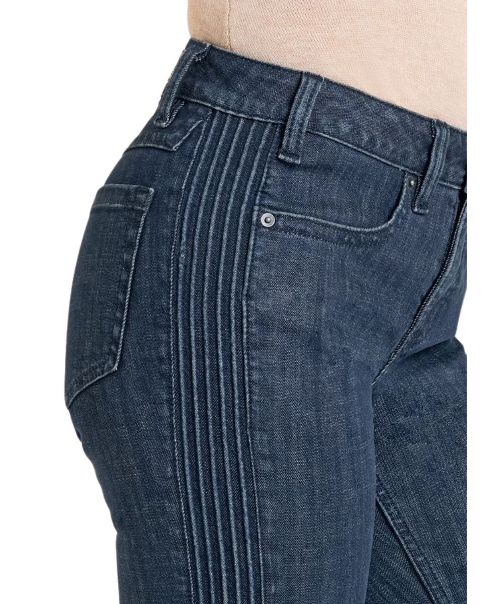 Close-up view of the side seam raised denim detailing