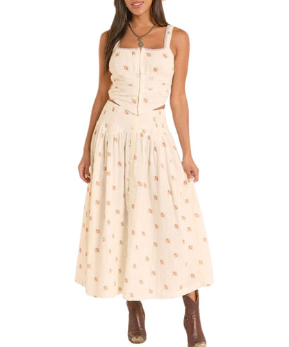 Women's Natural/Off White Floral Print Midi Skirt With A Smocked Waist And Faux Button-Front Placket