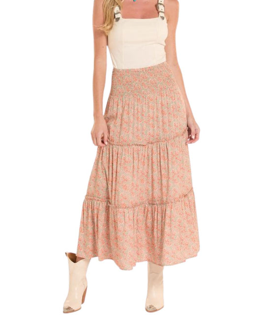 Women's Burnt Orange Floral Printed Tiered Ruffle Midi Skirt