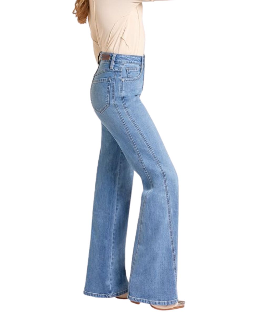 Side view of the women's medium vintage wide leg jean featuring a side seam panel detailing