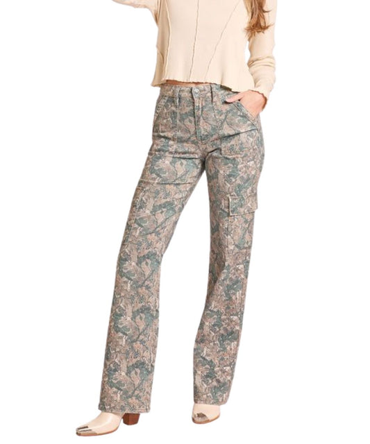 Front view of the women's Rock & Roll Denim camel camo print wide leg cargo pant