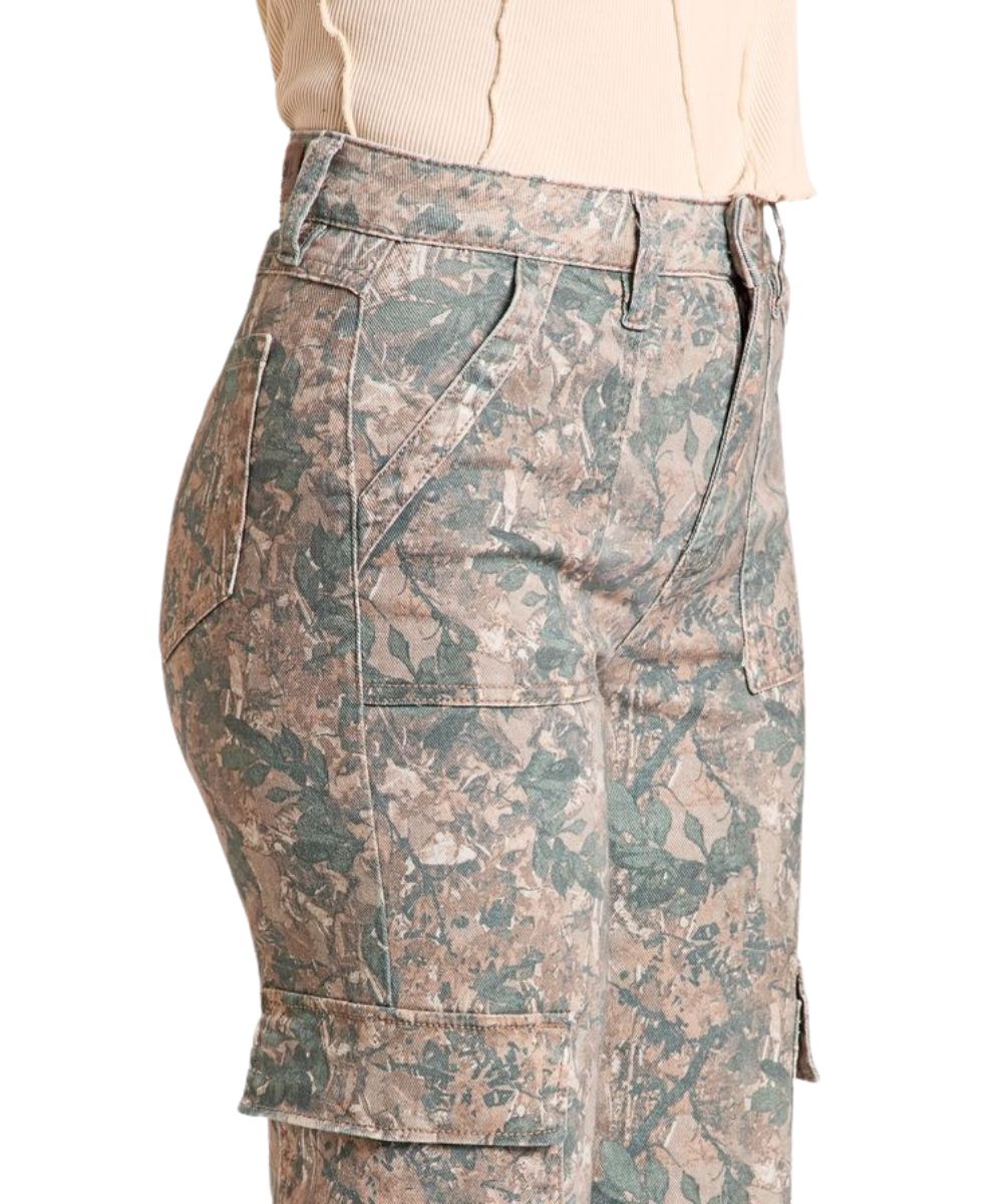Close-up view of the cargo pockets and camel print on the women's wide leg pant