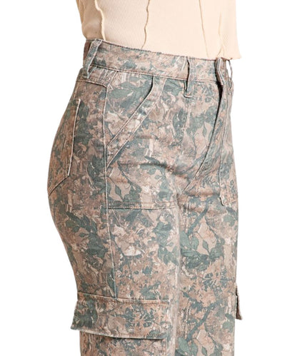 Close-up view of the cargo pockets and camel print on the women's wide leg pant