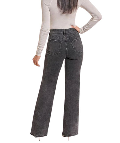 Back view of the women's extra stretch black denim jean featuring the high rise, open back pockets, and wide leg