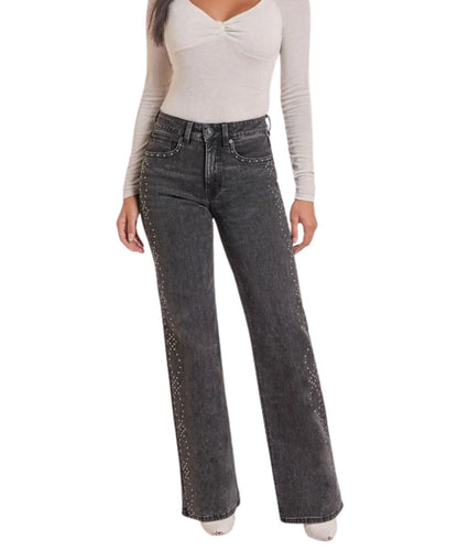 Front view of the women's black Rock & Roll Denim wide leg jean featuring the high rise, five pocket styling, and zip fly with button closure