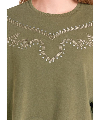An olive green crewneck top featuring a western-style chest design embellished with white rhinestones, shown on a model.