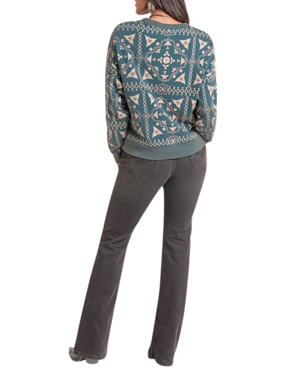 Back view of the women's teal bandana print sweater featuring dropped shoulders