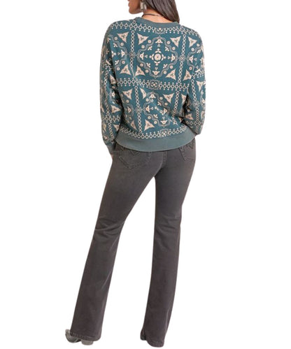 Back view of the women's teal bandana print sweater featuring dropped shoulders