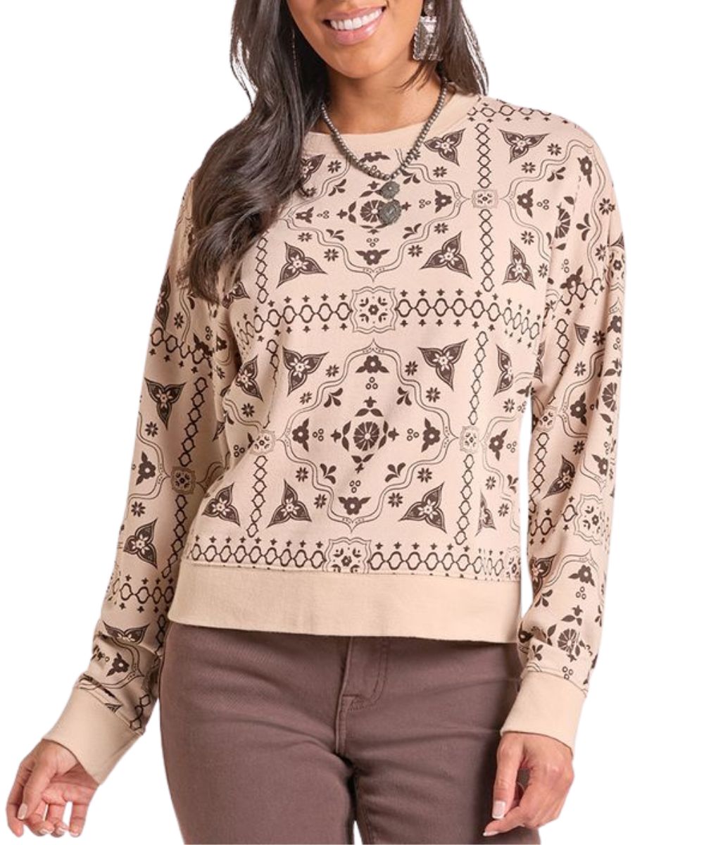 Front view of the women's tan pullover sweater featuring a bandana print